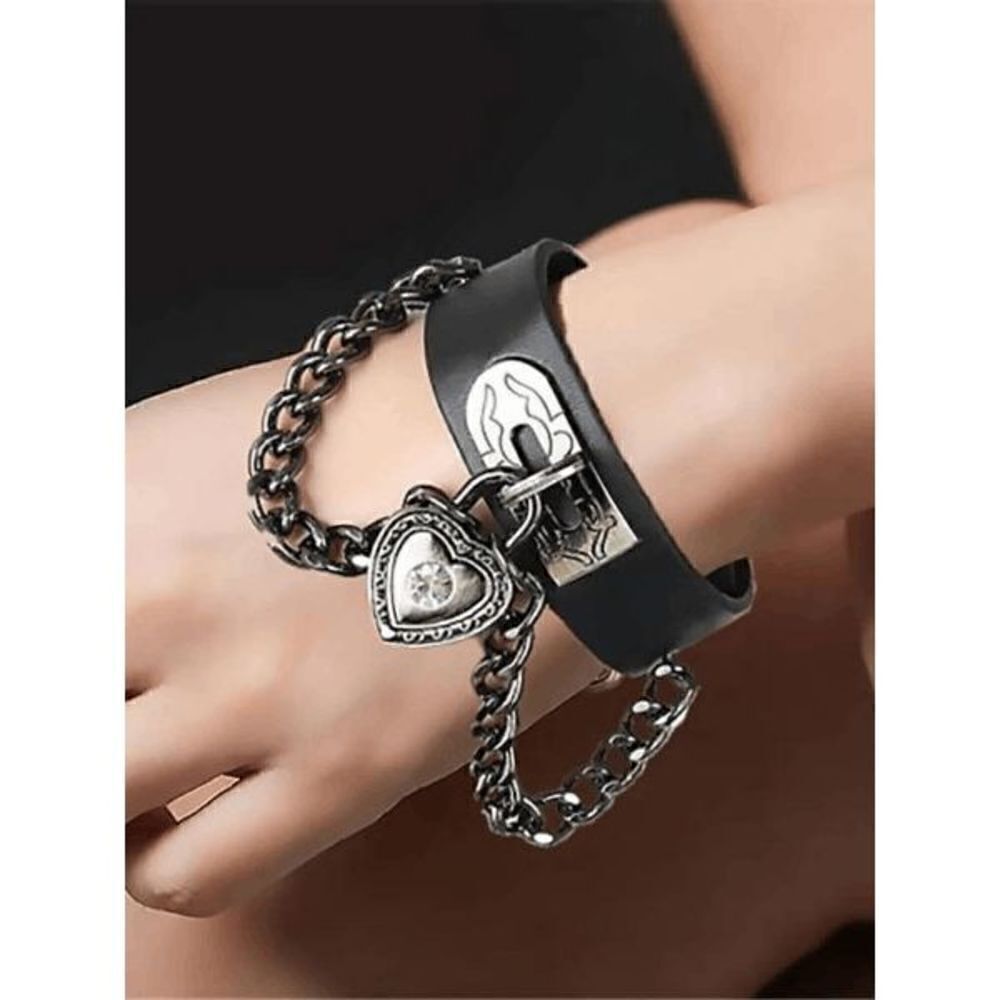BLACK HEART DIAMOND WIDE LEATHER UNISEX BRACELET